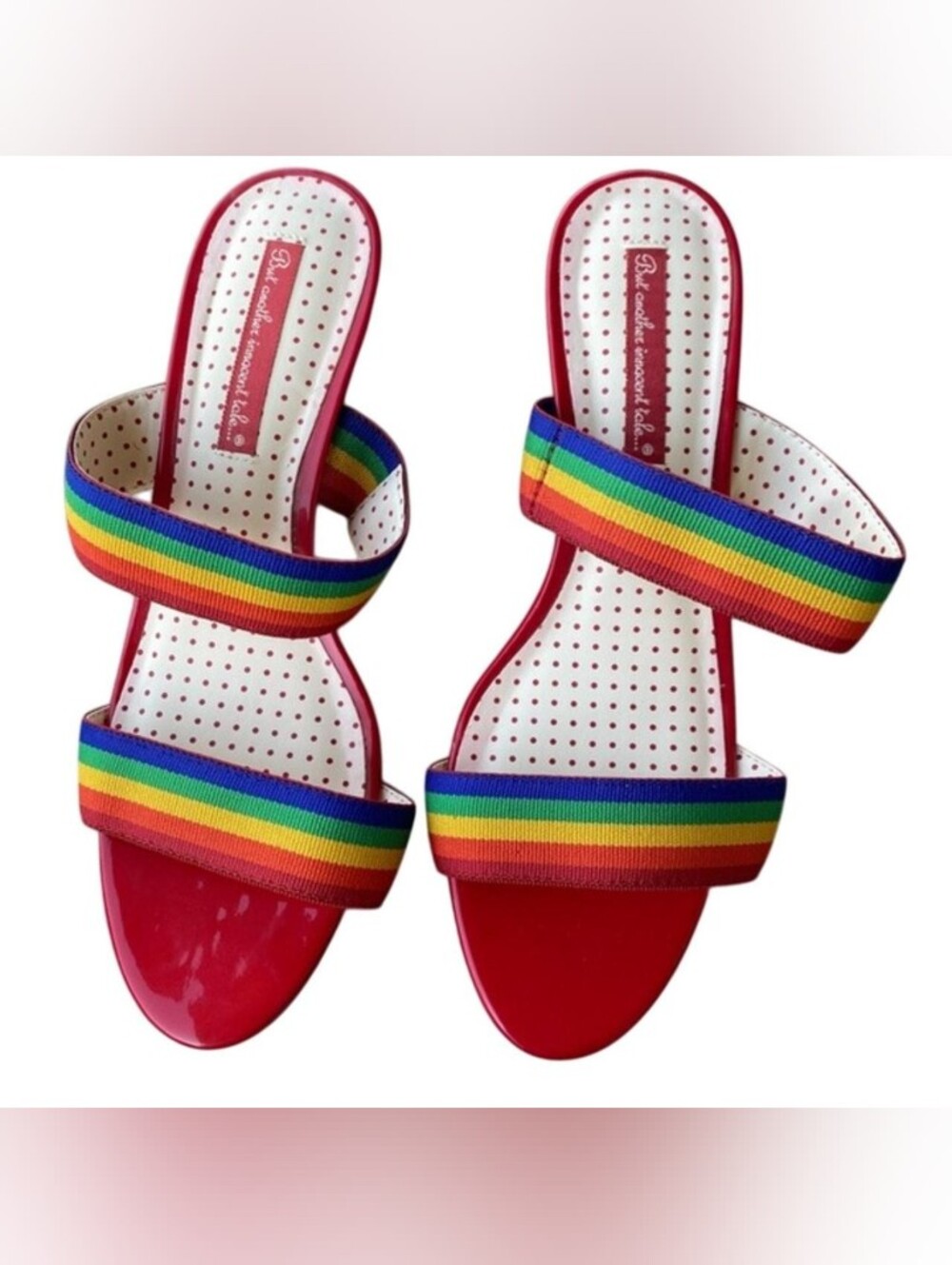 Modcloth Red Slide Sandals with Rainbow Straps